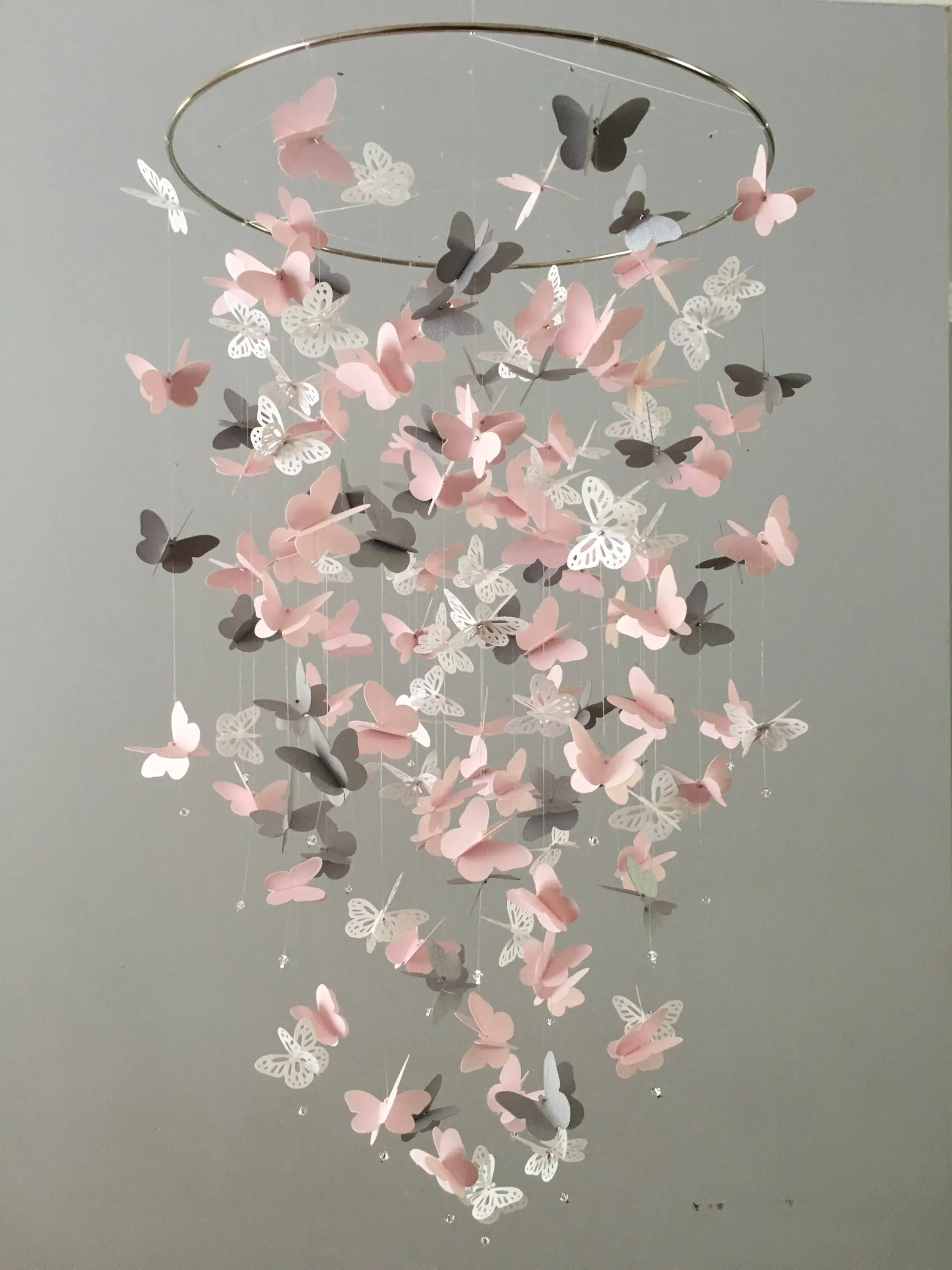 Butterfly Chandelier  Mobile in pink gray and white-mostly image 0